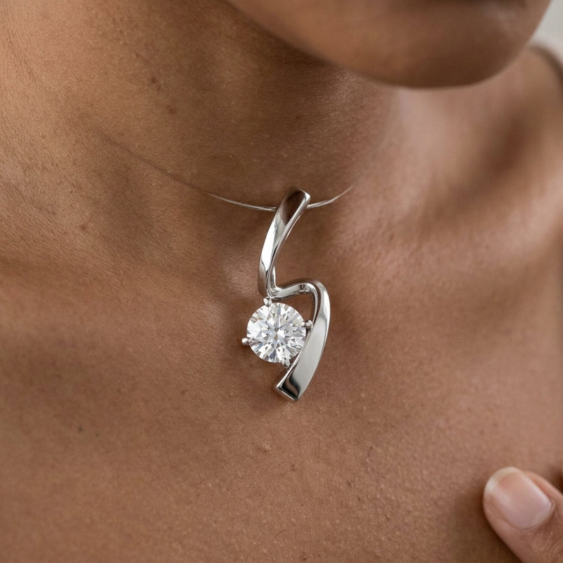 Worn: Solitaire Freeform Pendant · 6.5 ct — AI-rendered styling image