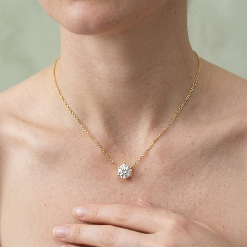 Worn: Solitaire Necklace · 4.2–7.2 ct — AI-rendered styling image