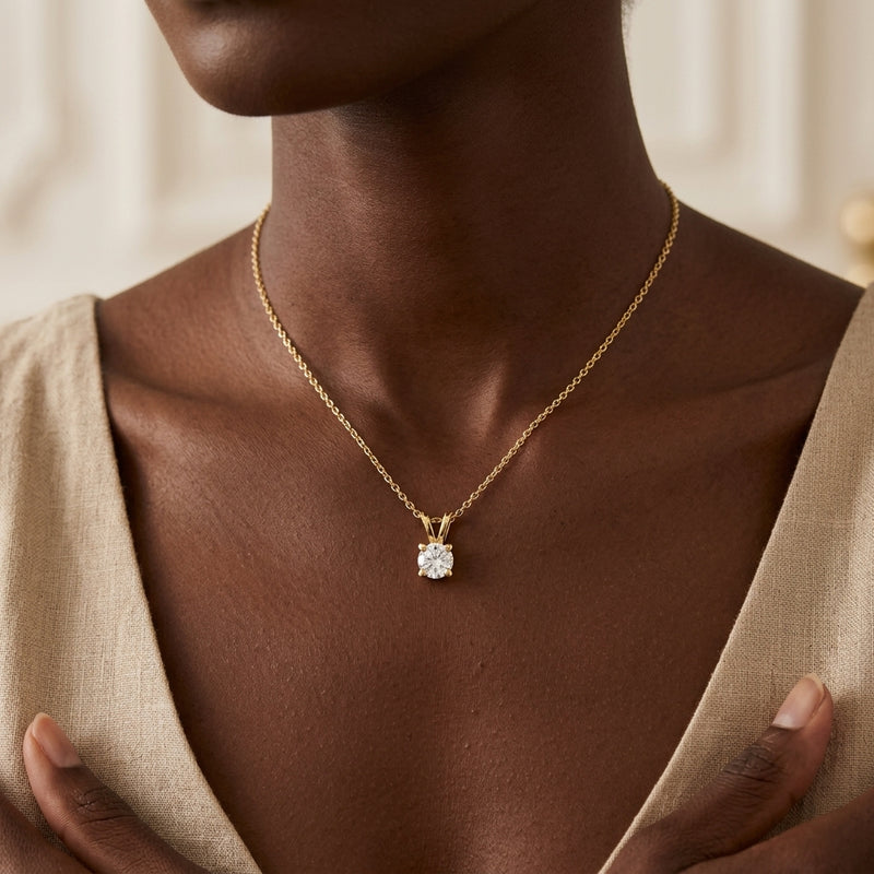 Worn: Solitaire Necklace · 4.25–7.5 ct — AI-rendered styling image