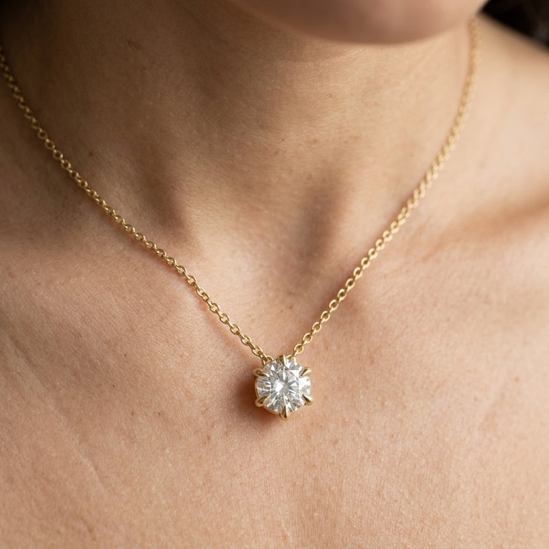 Worn: Solitaire Necklace or Slide Pendant · 4.25–7.5 ct — AI-rendered styling image
