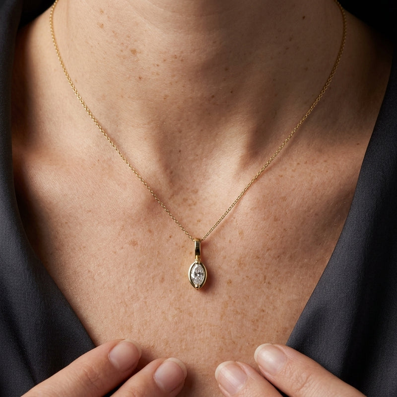 Worn: Solitaire Pendant · 7.13 ct — AI-rendered styling image