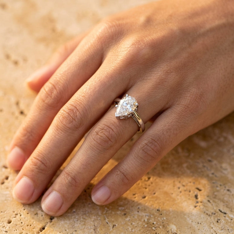 Worn: Solitaire Scroll Setting® Ring · 0.5–1 ct — AI-rendered styling image