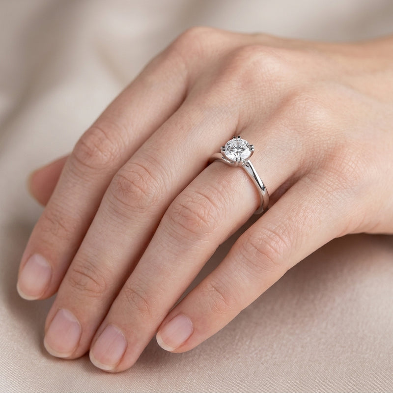Worn: Split-Prong Solitaire Engagement Ring · 0.5–1 ct — AI-rendered styling image