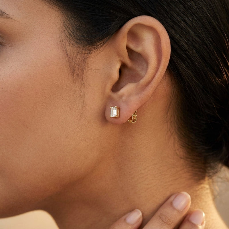 Worn: Straight Baguette 4-Prong Stud Earrings · 0.07–0.25 ct — AI-rendered styling image