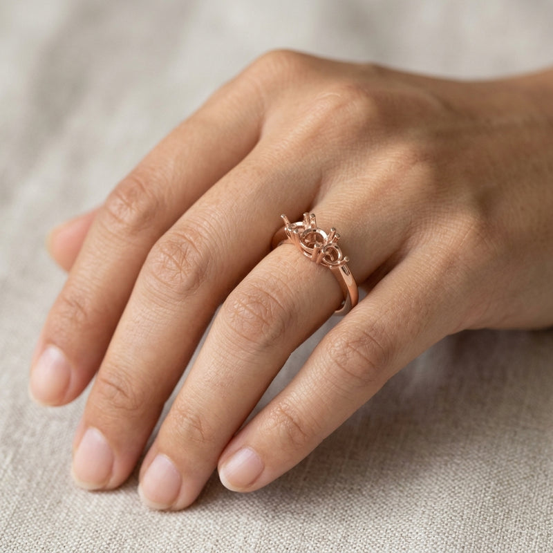 Worn: Three-Stone Engagement Ring · 0.75–1.5 ct — AI-rendered styling image