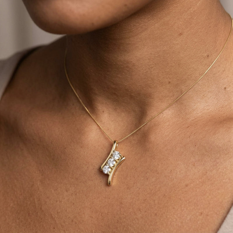 Worn: Three-Stone Freeform Pendant · 3.53 ct — AI-rendered styling image