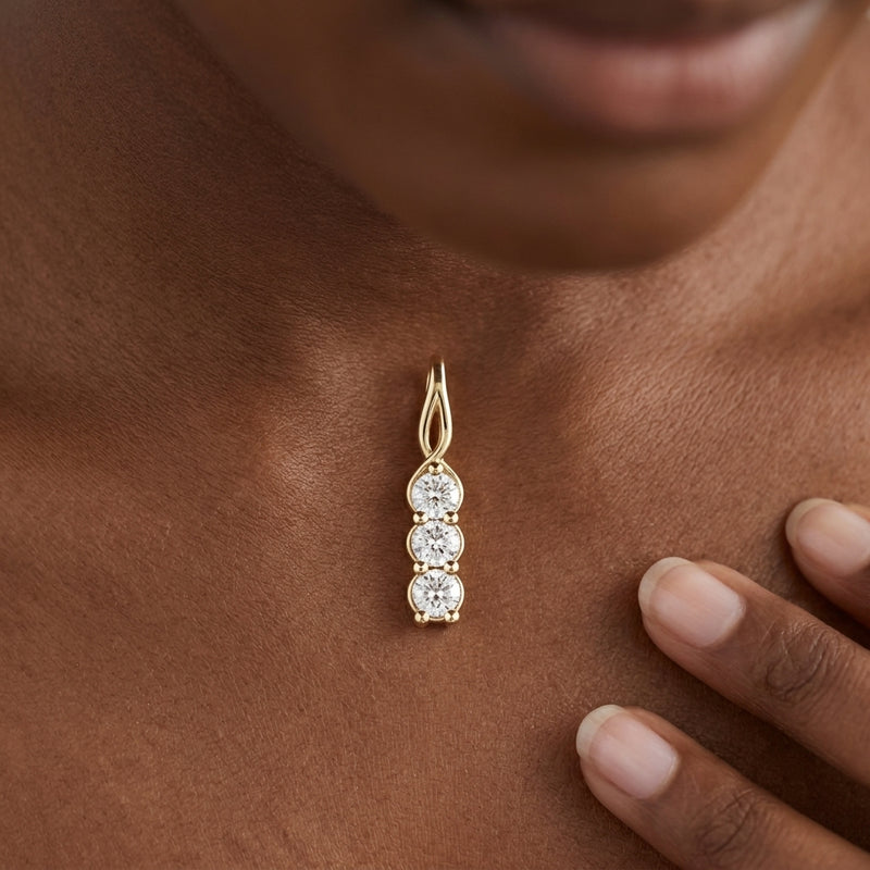 Worn: Three-Stone Pendant · 3.05–5.4 ct — AI-rendered styling image