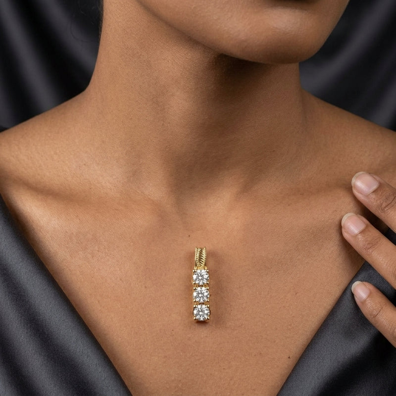 Worn: Three-Stone Pendant · 4.42 ct — AI-rendered styling image
