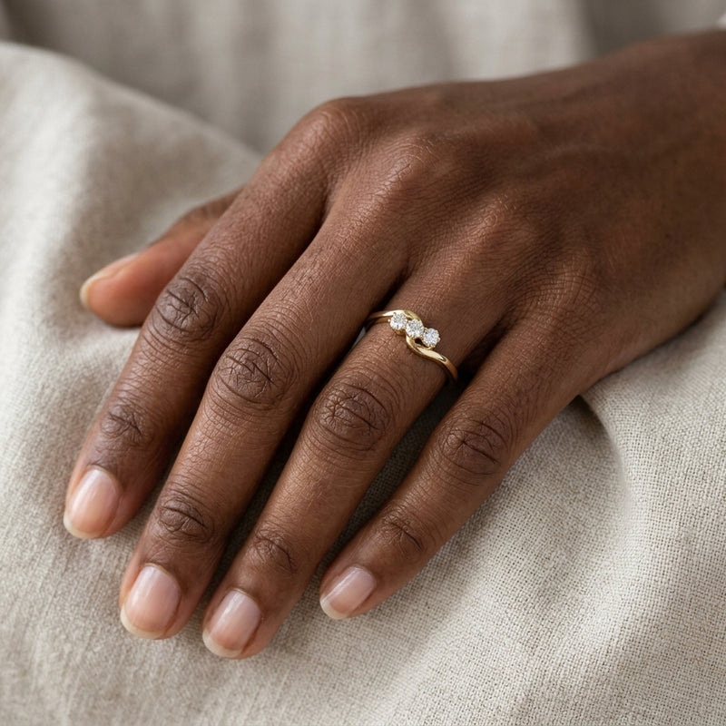 Worn: Three-Stone Ring · 0.25–1 ct — AI-rendered styling image