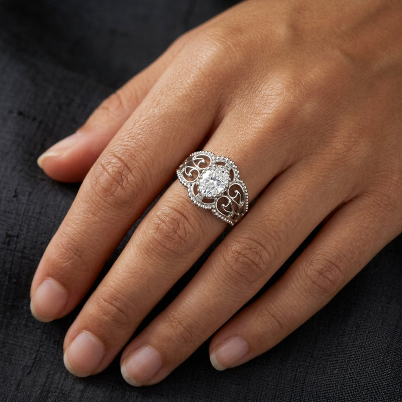 Worn: Vintage-Inspired Solitaire Ring · 0.5–2 ct — AI-rendered styling image